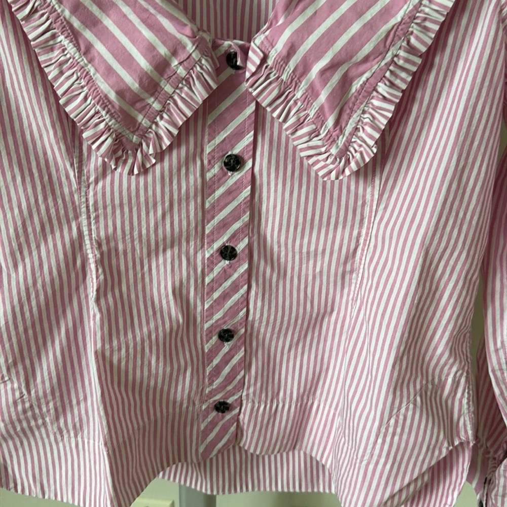 GANNI cotton white pink striped button down top blouse, size US 6 - Picture 9 of 11